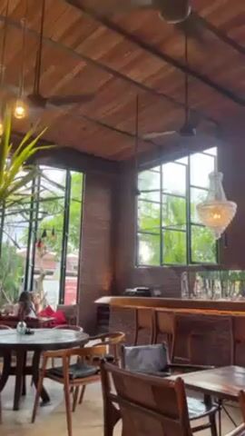 The video shows the interior of a restaurant. The restaurant has a high ceiling, made of light brown wood. Three ceiling fans are visible. One large rectangular window is situated in the corner of the restaurant, and one is partially visible, to the left. The walls are made of dark brown brick. Several wooden tables and chairs are arranged in the foreground. A bar is situated in the back of the restaurant, next to the rectangular window. There is a crystal chandelier hanging above the bar. A large plant sits in the corner, to the left. A woman is sitting at a table in the background. There is instrumental music playing.