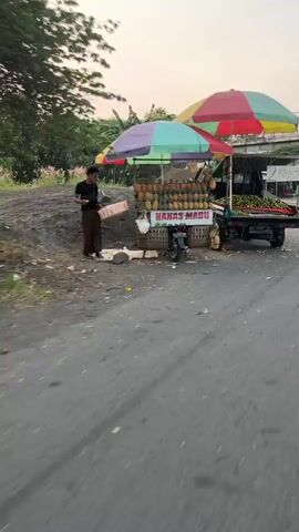 A roadside fruit stand is set up on the side of a paved road. The stand has a sign that reads "KANAS MADU" and is covered by a colorful umbrella. There are stacks of fruit, possibly pineapples, displayed on shelves. A motorcycle is parked behind the stand. A person wearing dark pants and a dark shirt is standing near the stand, holding a white box. In the background, there is a pile of dirt or gravel, some vegetation, and a truck. The sky appears overcast. The overall scene suggests a commercial setting in an outdoor environment.