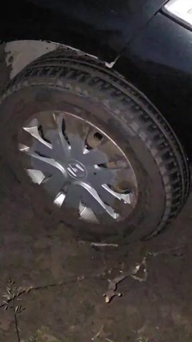 The video shows a dark-colored car stuck in mud. The camera pans from the front wheel, which is partially submerged in mud, to the side of the car. The interior of the car is visible through the open door, showing a beige seat. The car appears to be on an unpaved surface, likely a dirt road or field, with some vegetation visible. The lighting suggests it is nighttime or a very dark environment. The audio includes a voice saying "Waiting for backup."