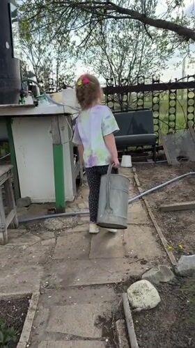 Child gardens with dog in Kamyshin backyard