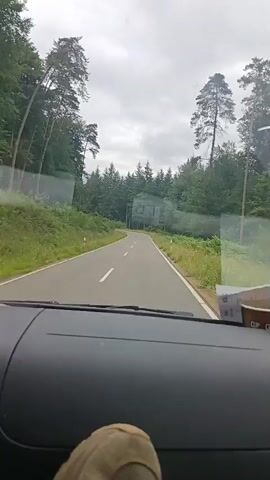 The video captures a first-person view from inside a vehicle, likely a car, driving on a paved road that winds through a dense forest. The sky is overcast with gray clouds. Tall trees, predominantly pine and deciduous varieties, line both sides of the road, creating a canopy effect in some areas. The road itself is gray asphalt with a white dashed line marking the center. On the left side of the road, there is a steep incline covered in green foliage and smaller trees. On the right side, there are more trees and some taller grass or weeds. Roadside markers, white posts with orange tops, are visible along the edge of the road. In the distance, on the right side of the road, there are some structures that appear to be large, box-like containers or enclosures, possibly industrial or storage units, partially obscured by trees. Reflections of the surrounding environment are visible on the windshield. In the foreground, the dashboard of the vehicle is partially visible, along with a person's foot wearing a brown shoe resting on the passenger side. The overall impression is a scenic drive through a wooded area on a cloudy day.