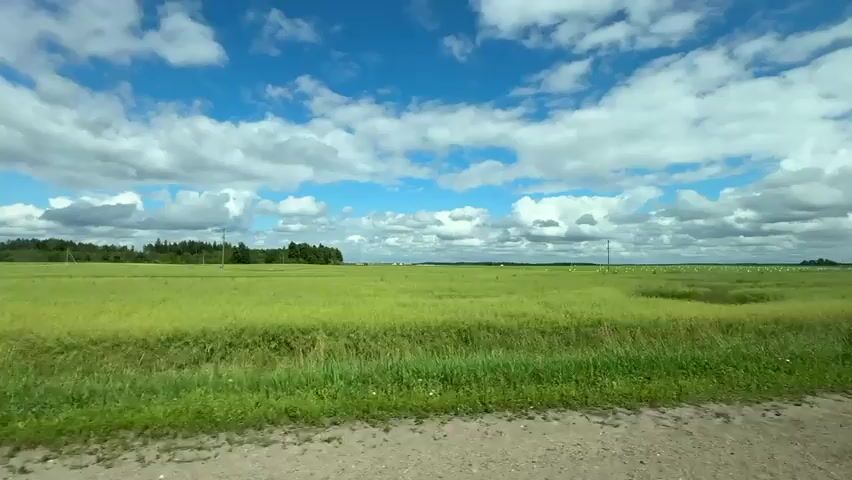 A drone flies over a green field under a partly cloudy sky. In the distance, there is a line of trees. There is a large metal pylon in the field.