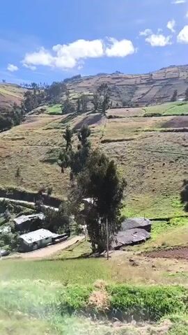 The video shows a rural landscape with cultivated hills under a partly cloudy sky. The camera is in motion, likely from a moving vehicle.  The landscape consists of terraced fields and patches of grass.  Several trees, some slender, are scattered across the slopes.  One or two buildings with dark-colored roofs are visible nestled among the greenery at the base of the hills. The ground in the foreground is mostly dry and reddish-brown, with some green vegetation.