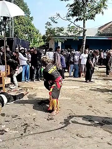The video captures an outdoor event, possibly a cultural performance or demonstration, taking place in a village setting. The ground is paved with dirt and concrete, with some scattered puddles. In the background, traditional Indonesian houses with tiled roofs are visible, suggesting a rural or semi-rural location. A tree with sparse foliage stands in the middle ground, casting a shadow.

Several people are present, forming a crowd that appears to be observing the event. The individuals in the foreground are actively engaged in what seems to be a martial arts demonstration or a traditional dance. One person on the left wears a black outfit with red and yellow sash and leg wraps, holding a weapon that resembles a bladed staff. Facing them is another individual in a black uniform, also holding a weapon that appears to be a whip or a similar implement. Both are in dynamic poses, suggesting movement and action.

Further back, more individuals in black attire are visible, some holding weapons or props. The crowd in the background consists of men, women, and children dressed in casual clothing, some wearing headscarves. The overall atmosphere appears festive and engaging, with the crowd attentively watching the performance.

Notable details include the daylight, suggesting the event is taking place during the day. The lighting indicates it might be a sunny day with clear skies. The presence of traditional architecture and clothing cues strongly points to a location in Indonesia, specifically Ngadirejo as indicated by the context. No visible text is present in the video. The performance itself seems to be the central activity, likely a display of local culture or martial prowess, drawing the attention and participation of the community.