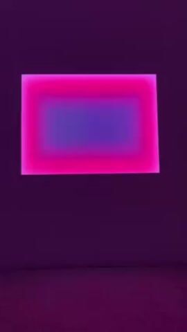 Here is a description of the video: 

The video shows a rectangular wall light that projects a gradient of colors. The outer edge of the rectangle is a bright pink that then fades into a deep purple-blue in the center. The wall the light is projected onto is a muted purple shade. The room has a similar color carpet.