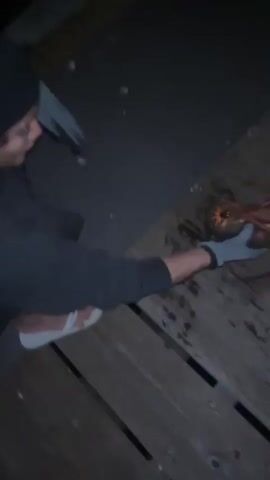 The video shows a person wearing a black beanie, a gray hoodie, and light gray gloves holding a large, dark red lobster. The person is kneeling on a wooden dock, with dark water visible to the left. The person is interacting with the lobster, turning it over and examining it. The lobster has prominent claws and a segmented tail. The lighting suggests it is either nighttime or a very dimly lit area.