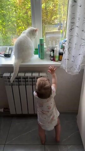 In a brightly lit indoor setting, a toddler and a white cat occupy the same space. The toddler, facing away from the camera, stands on a grey-marbled tiled floor, clinging to a white radiator. The child wears a white onesie with a pattern of hearts and unicorns and a diaper. The white cat sits on a window sill directly behind the radiator, looking out the window towards the viewer's left, where a green, leafy outdoor view is visible. The window sill is cluttered with an array of bottles, sprays, and other items. A partially visible white curtain hangs near the right edge of the frame. The toddler appears to be whimpering or crying.