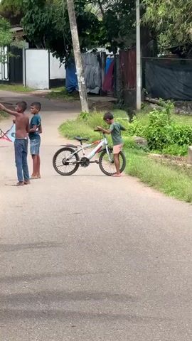 Three young boys are standing on a paved road. The boy on the left is shirtless and wearing blue jeans. He is holding a kite string. The boy in the middle is wearing a blue t-shirt and shorts. He is standing to the right of the boy in the blue jeans. The boy on the right is wearing a green t-shirt and shorts. He is standing to the right of the boy in the blue t-shirt and is holding onto the handlebars of a bicycle. The bicycle is white with red and green accents. The boys appear to be interacting with the kite and the bicycle. The road is surrounded by green foliage and trees. There are houses and clothes hanging on a line in the background. The sky is overcast.
