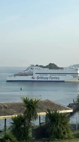 The video shows a Brittany Ferries ship moving through the water on a clear, sunny day. The ship is predominantly white with blue lettering and a colorful logo. Smoke can be seen rising from the ship's chimney. In the foreground, there is a shelter with a green roof, surrounded by palm trees and other greenery. A small green buoy floats in the water near the ship. A stone pier is visible with two people standing near the end. In the background, there is a rocky coastline. The water appears calm, and the overall scene is peaceful.