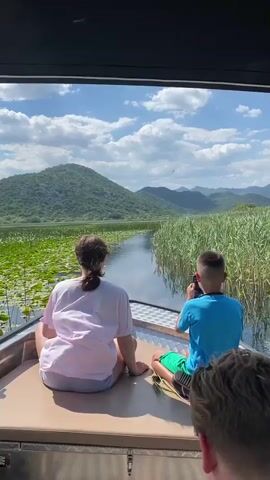 The video shows a view from the back of a boat moving through a body of water filled with lily pads and reeds. Two children are seated facing forward. A young girl with dark hair pulled back in a ponytail wears a pink shirt and grey shorts. Next to her, a young boy with short dark hair wears a blue t-shirt and green and black patterned shorts. He holds a mobile phone up to take a picture. In the foreground, the back of a third person's head with blond hair is visible. The water is bordered by lush green reeds on the right and lily pads on the left. In the distance, rolling green hills and mountains under a blue sky with scattered white clouds are visible. The boat appears to be traveling on a calm lake or river.