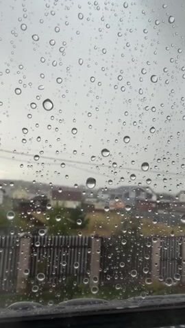 The video shows a close-up view of raindrops on a windowpane. The raindrops are varied in size and distribution, creating a textured surface that distorts the view of the outside world. Through the raindrops, a blurry outdoor scene can be observed, depicting houses and a fence under a gray, overcast sky. The effect is one of looking out at a dreary, rain-soaked landscape from indoors.