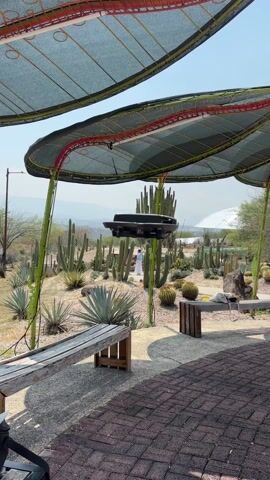 A drone takes off from under an outdoor awning in a cactus garden. The awning is made of green canvas stretched across a metal frame supported by green posts. Beneath it is a patio of gray stones and brick.  Wooden benches are scattered around the patio.  In the background is a garden filled with cacti and agave plants and other desert flora. A white dome-shaped structure can be seen in the distance. Two people walk along a path in the garden. In the foreground to the left, part of a black case is visible. The camera pans right to show the cactus garden.