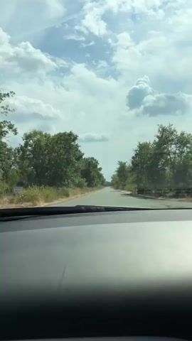 The video shows a first-person view from inside a car, driving down a paved road lined with trees on both sides. The sky is cloudy with patches of blue. The road appears to be in a rural area. There are no other vehicles or people visible in the immediate vicinity. The car's dashboard is partially visible in the foreground.
