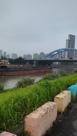 The video shows a river scene with a large barge moving from left to right.  The barge is primarily dark red and brown, with a smaller yellow boat attached.  Across the river, there is a modern bridge with a blue arch.  In the background, there's a cityscape with tall buildings visible.  The foreground shows a grassy bank lined with painted concrete blocks of various colors like yellow, blue, and pink. The sky is overcast, suggesting a cloudy day. The camera seems to be stationary, capturing the movement of the barge and traffic on the bridge.