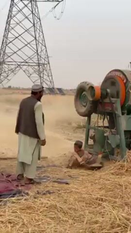 The video depicts an agricultural scene in 'Alaqadari Daman, Afghanistan, where two males are engaged in threshing activities. An older man, dressed in traditional light-colored clothing and a dark vest, stands observing the process. Beside him, a large, green and orange thresher machine is actively operating, expelling a substantial amount of dust and chaff into the air. The word "BLOWER" is visible on the rotating part of the machine. A young boy is crouched on the ground near the thresher's output, appearing to collect material, possibly grain, into a shallow pan. The ground is covered with dry straw and scattered chaff. In the background, a tall metal electricity pylon stands against a hazy, light-colored sky, suggesting an arid and dusty environment. A reddish tarp is laid on the ground near the standing man. The scene captures a typical agricultural process in a rural, dry setting.