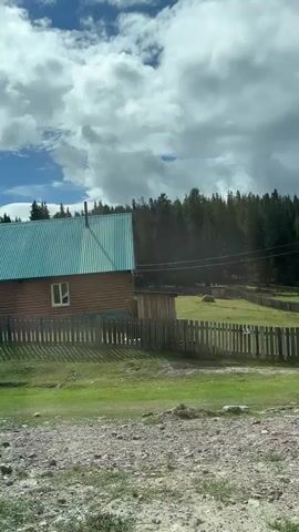 The video pans across a rural landscape with several log cabins and wooden fences set against a backdrop of a dense pine forest under a cloudy sky. The ground in the foreground is a mix of dirt and gravel with patches of green grass. Several cabins with green, corrugated metal roofs are visible, some with visible chimneys. One cabin has a single white-framed window. A large pile of firewood is stacked next to one of the structures. The camera movement is smooth, suggesting it might be mounted on a vehicle. The overall impression is of a remote, possibly mountainous, settlement.