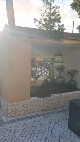 The video shows an outdoor courtyard area. The courtyard has a stone-paved floor and a series of outdoor furniture, including black cube-shaped seats, wire chairs with cushions, a black table, and a curved loveseat with pillows. A structure with niches displays decorative items such as vases of flowers, a birdcage, and dark-colored stones. The structure has a stone foundation. The walls of a building are painted a yellow-orange color with white-framed windows. Trees are planted in the courtyard, including a hydrangea bush in a pot.