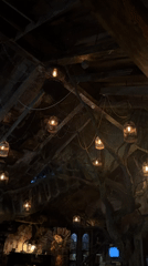 Moscow interior features rustic wooden ceiling with glowing birdcage lamps