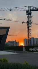 Construction site documented at sunset in Krasnoyarsk, Russia