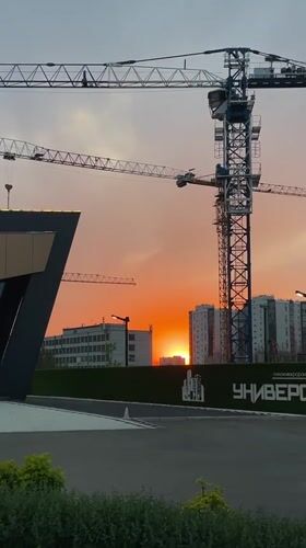 Construction site documented at sunset in Krasnoyarsk, Russia