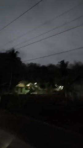 The video shows a nighttime view from a moving vehicle. The scene includes a dark road, power lines overhead, and silhouetted palm trees and other vegetation against a dim sky. In the distance, several houses are visible, some with lights on. There is a blurred sign on the side of the road at one point. The overall impression is of a rural or suburban area at dusk or early night.