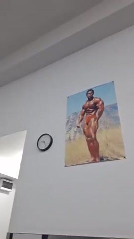 The camera pans up the wall of a gym, showing a clock, a picture of a bodybuilder, and a poster of Arnold Schwarzenegger lifting weights that says "PAIN IS TEMPORARY." Below the poster is a small sign with text in a foreign language. A weight rack is partially visible in the foreground. The walls are white and the ceiling is white with fluorescent lights.