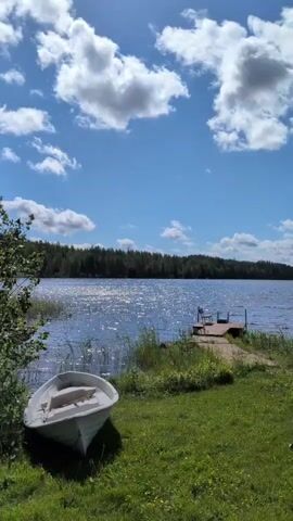 The vertical video captures a tranquil lakeside scene with a small white boat resting on green grass in the foreground. In the mid-ground, a wooden dock extends into the shimmering blue water, where sunlight reflects brightly. The opposite shore is lined with a dense forest under a clear blue sky dotted with fluffy white clouds. The entire scene is bathed in bright daylight.