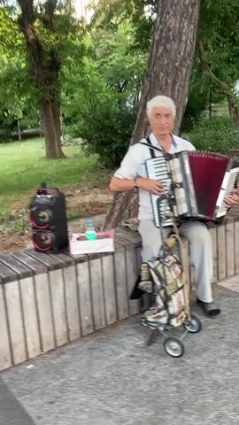 In an outdoor park setting, a white-haired elderly man is playing an accordion. He is seated on a wooden bench, with a large tree behind him. To his left, a portable speaker with purple lighting and a bottle of water on a small pink box are visible. Next to the speaker is a shopping trolley with a patterned bag. The man is wearing a light-colored polo shirt and light-colored pants. He is holding a microphone to his accordion as he plays. In the background, there are more trees, a pathway, and several electric scooters parked. A sign with a red circle and a diagonal line through a scooter is visible on a pole. The lighting suggests it is daytime, possibly late afternoon, with the sun casting some shadows. The overall scene conveys a relaxed atmosphere of a street performer in a public park.