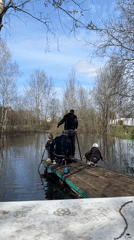 Family enjoys sunny spring morning with dogs in Мещёры