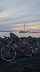 Red Merida bike rests at Lelystad waterfront during sunset