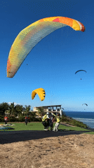Paragliders soaring over Bali's coastline from a clifftop launch