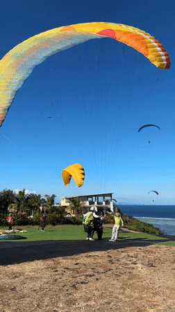Paragliders soaring over Bali's coastline from a clifftop launch