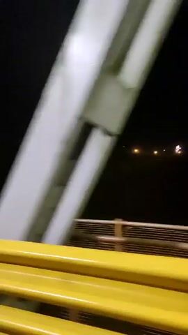 The video shows a car traveling at night. The camera is positioned inside the car, looking out the side window. The yellow guardrail of a bridge or road is visible at the start. Outside, there is a dark area with some green vegetation and dim lights in the distance. As the car moves forward, the vegetation becomes more visible. A road sign briefly comes into view. The road is wet, suggesting recent rain. The rest of the view is of roadside greenery at night.