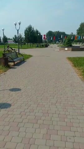 This video shows a pathway in a park, likely in Polysayevo, Russia. The pathway is paved with cobblestones and is flanked by green grass and trees. Several lampposts are visible, as well as a park bench with a trash can next to it. In the background, a circular fountain is visible, surrounded by a variety of flags. The flags appear to be national flags, including the Russian flag. The time of day appears to be daytime, with a bright, clear sky suggesting good weather. There are no people visible in the foreground, but some pigeons are gathered near the fountain. The overall mood is peaceful and serene, suggesting a pleasant day in a well-maintained park.