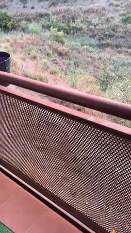 The video shows a landscape view from a balcony. In the foreground, a rusty metal railing and a wire mesh fence are visible. Beyond the railing, a dry, barren hillside is covered with sparse vegetation and some dry plants. The camera pans across the landscape, revealing more hills and trees in the distance. The sky is clear with a soft light, suggesting either early morning or late evening. There are no people or animals visible in the video.