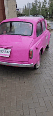 Pink flower-decorated vintage car spotted on wet pavement