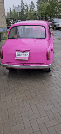 Pink flower-decorated vintage car spotted on wet pavement
