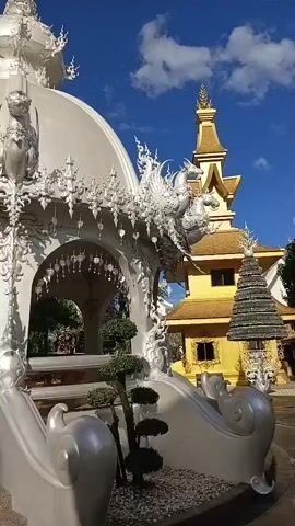 The video captures a view of the exterior of a white ornate building, possibly a temple, with intricate carvings and sculptures adorning its dome and facades. In the background, a vibrant yellow building with golden spires is visible under a clear blue sky with scattered clouds. Several people are seen entering or standing near the entrance of the white structure. One person in the foreground is tending to a small bonsai tree.