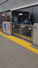 Silver train with red stripe passes through Osaka subway station