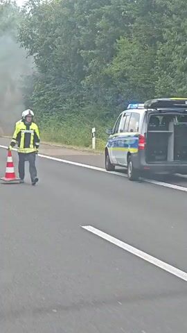 The video captures a car on fire on the side of a highway. Two firefighters in high-visibility jackets are standing near the burning vehicle, and one is holding a hose. Another firefighter is walking away from the scene, and a police car with its lights on is parked further down the road. A traffic cone is placed on the road in front of the burning car. The environment appears to be a wooded area next to the highway.