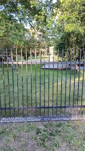 This media file captures a slow pan to the right across a black metal fence. Beyond the fence, a grassy area is visible, dotted with trees. In the background, some structures, possibly sheds or outbuildings, can be seen. Two dogs, one reddish-brown and the other darker, are present in the grassy area, appearing to be standing or walking. The overall scene suggests an outdoor setting, possibly a park or backyard, with a relaxed atmosphere. The lighting indicates it is daytime, with sunlight filtering through the trees. The presence of the fence and the natural elements point to a location in a suburban or rural area. There is no visible text in the media file.