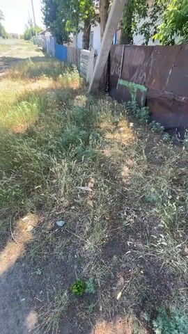 The video shows a first-person perspective walking along a dirt path next to a gravel area and some houses. The environment appears to be rural with overgrown grass and trees. The sky is clear and blue, indicating it is daytime. There are utility poles and fences visible.