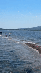 Half-submerged gravel causeway draws walkers into the sea