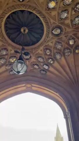 The video shows a view from inside an arched doorway, looking out at a courtyard. The ceiling of the doorway is decorated with a large circular pattern and many smaller crests or emblems. A hanging lantern lamp is also visible. Beyond the archway, there is a large, rectangular courtyard of cobblestone bordered by a green lawn. A long, multi-story stone building stands at the far end of the courtyard with evenly spaced windows and a tall, pointed spire in the center. The sky overhead is overcast and grey. A dark car is parked near the far side of the courtyard. A person walks across the courtyard toward the building.