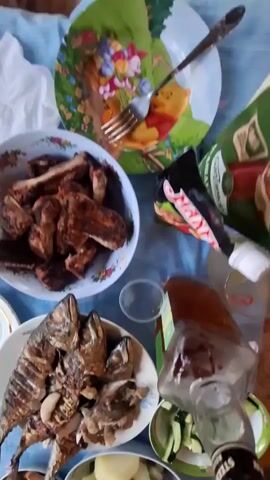 The image shows a table set for a meal, likely in a casual, outdoor setting, possibly a dacha in Russia given the context. The table is covered with a blue and white checkered tablecloth. There are several plates of food: a large platter of cooked fish, a bowl of what appears to be roasted meat ribs, a bowl of boiled potatoes with herbs and green onions, and a bowl of sliced cucumbers. A bottle of alcohol, labeled "STEERSMAN," is visible, along with a small clear plastic cup and another glass. A fork rests on a colorful decorative plate in the background. The overall impression is of a hearty, home-cooked meal being shared. The lighting suggests it could be daytime, possibly late afternoon or early evening. There are no people visible in the frame. The focus is entirely on the food and the setting of the meal.