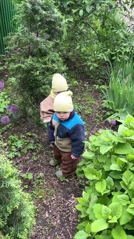 Two toddlers wearing matching yellow knit hats and brown outerwear are standing in a garden. The toddler in front wears a jacket with blue and tan accents. The toddler behind wears a tan coat with a Mickey Mouse pattern. The toddler in front is holding a yellow plastic spoon. They are standing on a mulch-covered ground surrounded by green plants and purple flowers. A green fence is partially visible in the background. The camera slightly moves as it captures the scene.