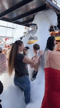 Foam party celebration held aboard vessel near Aksu, Turkey