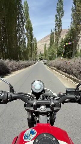 The video is a first-person perspective of someone riding a motorcycle down a paved road. The road is lined with tall trees on either side, with dry, brush-like vegetation between the trees and the road. In the background, there are mountains and a few buildings, suggesting a rural or semi-rural setting. There are a few parked vehicles visible on the side of the road, and colorful prayer flags are strung across the road in the distance. The rider's hands are on the handlebars of a red motorcycle, and a portion of the motorcycle's dashboard with a circular speedometer is visible. The sky is blue with some scattered clouds. The overall impression is of a scenic journey through a somewhat arid landscape.