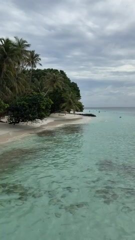 This is a video taken from a wooden dock looking out at a tropical island beach. Palm trees and lush green foliage line the white sandy shore. The water is crystal clear turquoise and shallow, with visible coral and rocks beneath the surface. In the distance, several people are swimming or wading in the ocean. The sky is overcast with dramatic clouds. A sign with white lettering on a dark background is visible on the beach, near the edge of the tree line. The camera pans slowly to the right, revealing more of the coastline and the pristine water.