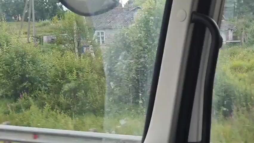 The video shows a roadside view from inside a vehicle. The camera appears to be mounted on a dashboard or windshield. The scene depicts a paved road with a white dashed line. On the right side of the road, there is a metal guardrail. Beyond the guardrail, there are trees, bushes, and some rural houses. The sky is overcast. The road curves to the right. The houses appear to be wooden, with pitched roofs. Some trees are tall and leafy, while others are smaller bushes. The overall environment suggests a rural or suburban setting.